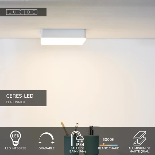 Lucide CERES-LED - Plafonnier Salle de bains - LED Dim. - 1x30W 3000K - IP44 - Blanc - USP